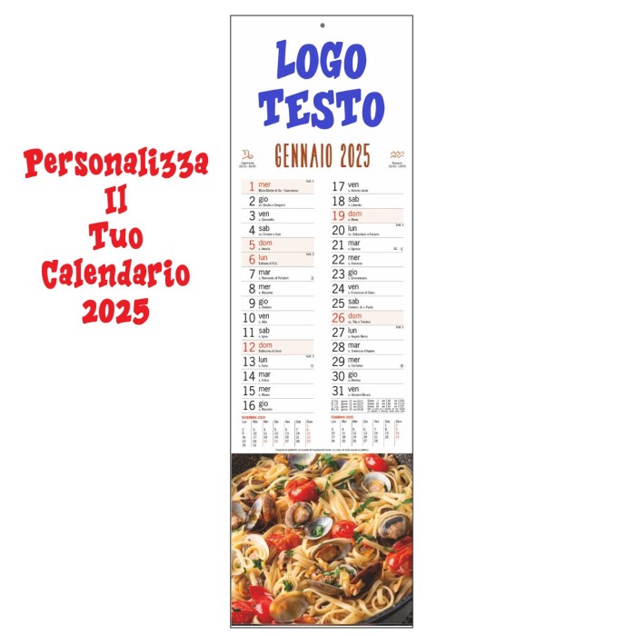 Calendario  Da Parete 2025 " Gastronomia" Con Testata Cartonata Personalizzata