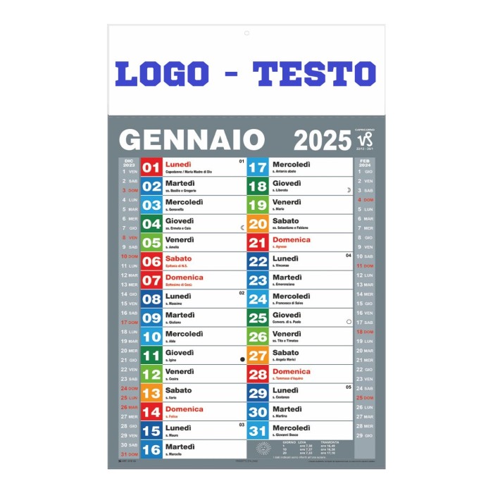Calendario Olandese Multicolor Da Parete 2025 Con Testata Cartonata Personalizzata