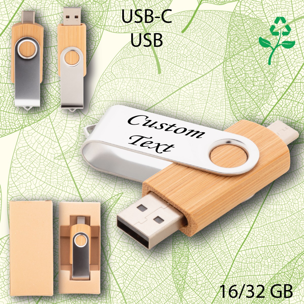 Chiavetta USB OTG BooSpin in Bambù e Metallo Capacità 16/32 GB Personalizzata