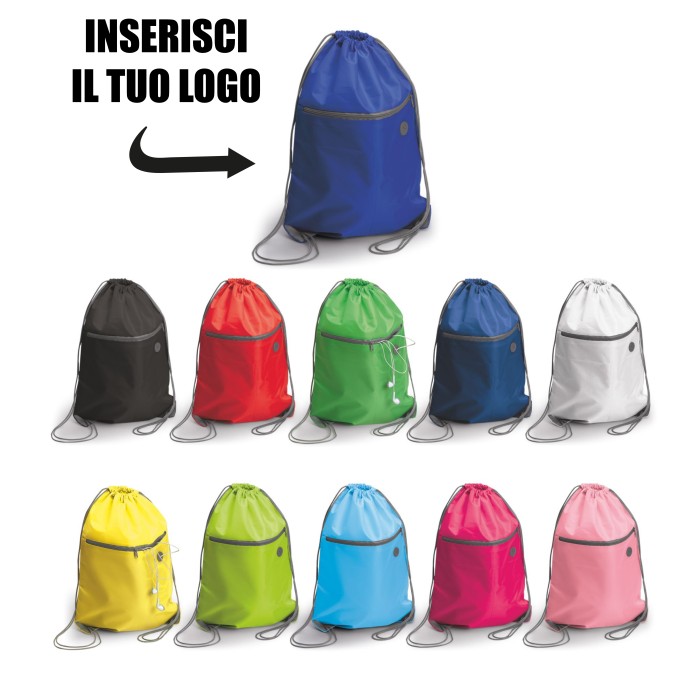 Zaino Zainetto Sacca con Tasca e Uscita Auricolari Personalizzata in Poliestere 210D
